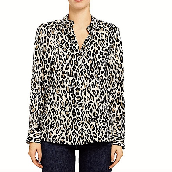 Theory Classic Straight Leopard Print Silk Shirt - Picture 13 of 14